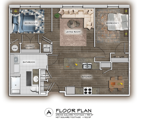 Floor plan for 2 beds, 1 bath, 868 sqft